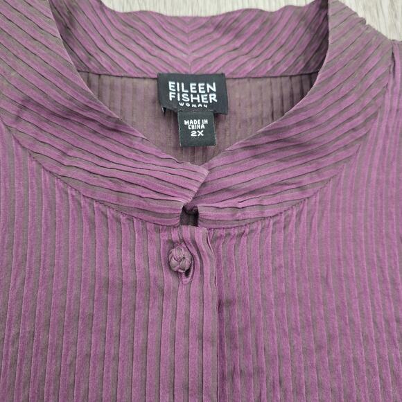 Eileen Fisher Silk Crinkle Mandarin Collar Tunic top Purple 2X Minimalist Artsy - Picture 4 of 11